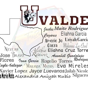 May include: A black and white image of the state of Texas with the word "UVALDE" in large, bold, brown letters at the top of the image. The names of 24 people are listed below the word "UVALDE" in black text. The names are arranged in a vertical column, with the first name at the top and the last name at the bottom. The names are all in a similar font and size. The image is set against a white background.