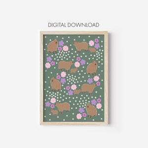 Capybara and Flower Pattern Print Wall Art, Capybara Digital Download Printable Poster, Capybara Art, Capybara Decor