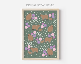 Capybara and Flower Pattern Print Wall Art, Capybara Digital Download Printable Poster, Capybara Art, Capybara Decor