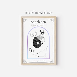 Capricorn Poster Print, Digital Download, Printable, Zodiac Poster, Star Sign Print, Capricorn Wall Decor, Astrology Print Wall Art
