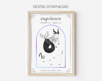 Capricorn Poster Print, Digital Download, Printable, Zodiac Poster, Star Sign Print, Capricorn Wall Decor, Astrology Print Wall Art