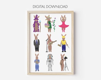Brown Rabbits with Careers, Digital Download Art Print, Rabbit Print, Bunny Print, Rabbit Decor, Rabbit Art Print, Rabbit Wall Art