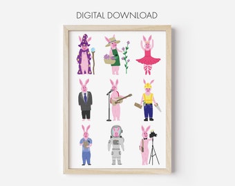 Pink Rabbits with Careers, Digital Download Art Print, Rabbit Print, Bunny Print, Rabbit Decor, Rabbit Art Print, Rabbit Wall Art