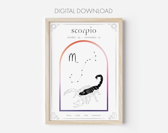 Scorpio Poster Print, Digital Download, Printable, Zodiac Poster, Star Sign Print, Scorpio Wall Decor, Astrology Print Wall Art