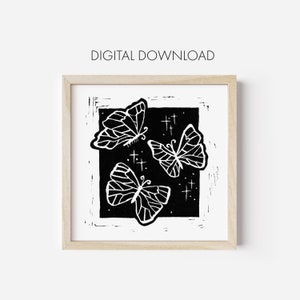 Butterfly Lino Cut Print, Butterfly Poster, Black and White Butterfly Art, Digital Download, Printable, Butterfly Digital Download Print