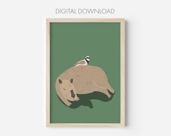 Capybara With Bird Artwork Digital Downloadable Print, Capybara With Animals, Wall Art, Wall Decor