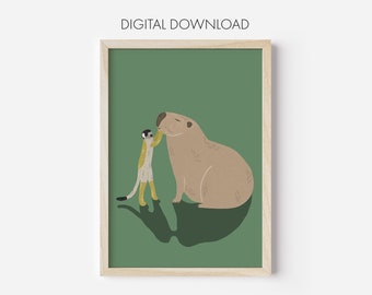 Capybara With Monkey Artwork Digital Downloadable Print, Capybara With Animals, Wall Art, Wall Decor