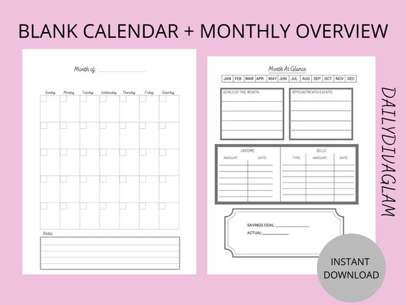 Editable Monthly Blank Calendar, Fillable Calendar, Simple Calendar  Printable, Pdf Printable, Calendar Template, Month at Glance Printable -  Etsy