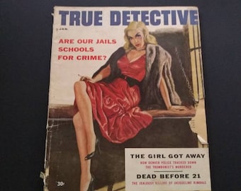 True Detective Magazine January 1956 Antique Vintage True Crime Scene Murder FBI Police Jail Prison Pinup Collectable MFM gift murderino