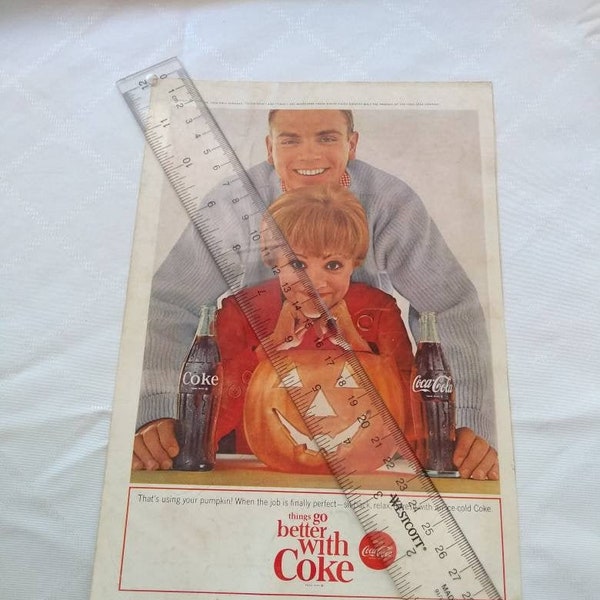 Vintage Coke Coca-Cola Advertizement 1964 Magazine Halloween Pumpking Carving Antique Collectable Glass Bottle Diet Coke Double Side Spooky