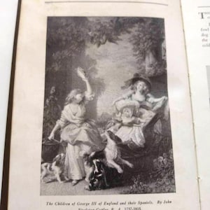 May include: A black and white print of a painting titled "The Children of George III of England and their Spaniels" by John Singleton-Copley. The painting depicts children with dogs in a garden setting. The text "Sixteen" is at the bottom.