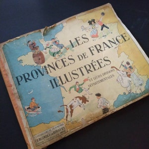 Les Provinces de France Illustrees Français Carte Apprentissage Enfants Bibliothèque de livres vintage Antiquité De collection Cadeau de Noël Bas Rembourrage