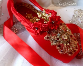 Hand Decorated Ballet Pointe Shoe, Ballet Gift, Dance Gift, Red Pointe Shoes,