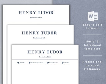 May include: Set of three letterhead templates for personal stationery. The templates are in a simple, modern style with the name "HENRY TUDOR" and the title "Professional title" at the top. The templates are easy to edit in Microsoft Word.
