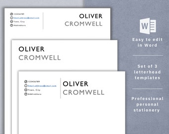 May include: Set of three letterhead templates for personal stationery. The templates are designed in a simple, modern style with the name "OLIVER CROMWELL" at the top and contact information at the bottom. The templates are easy to edit in Microsoft Word.