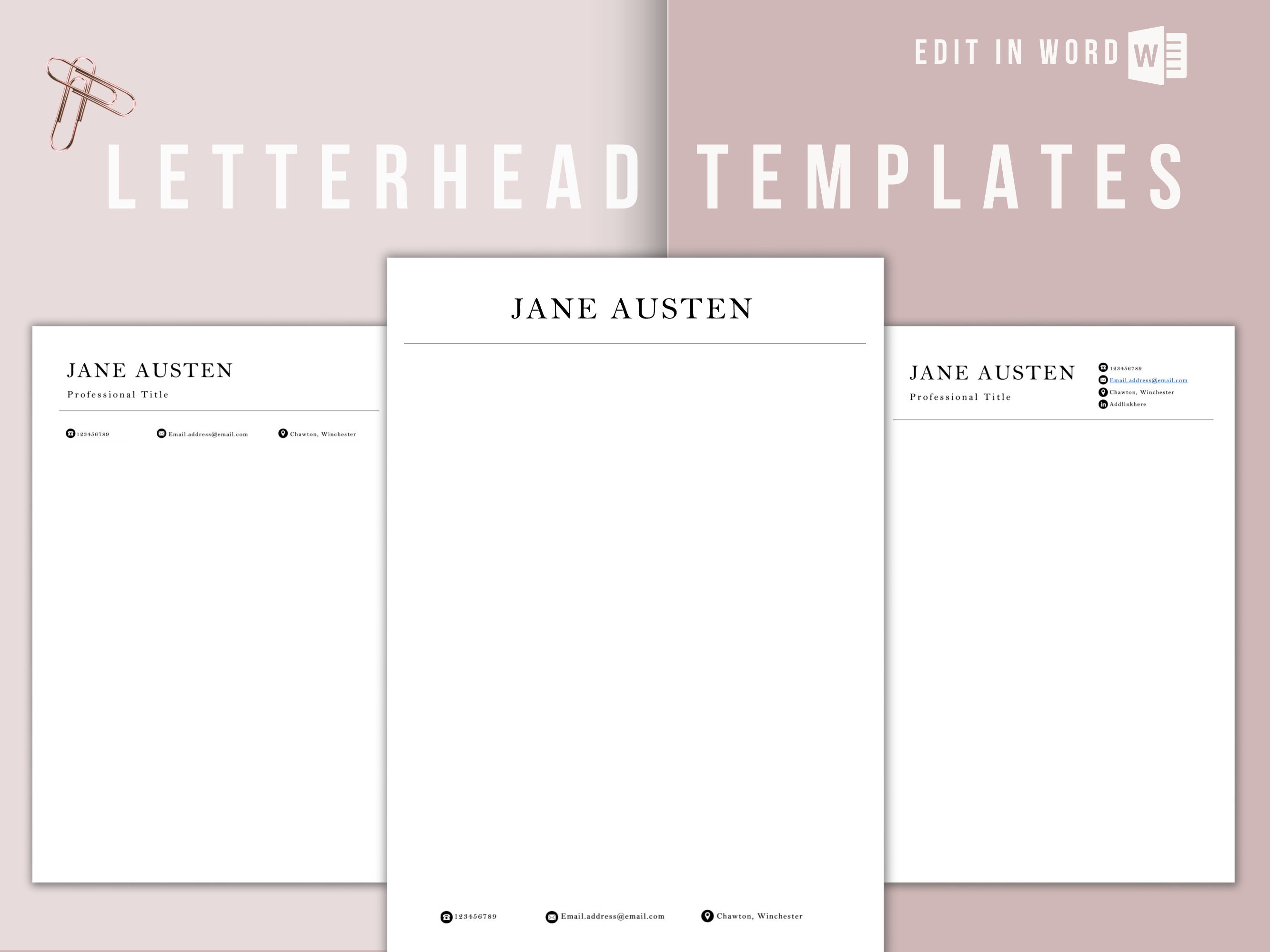 Personal Letterhead Templates, Modern, Easy to Edit in Word