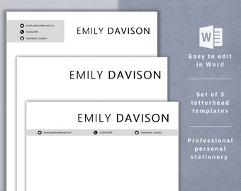 May include: Set of three letterhead templates for personal stationery. Each template features the name "EMILY DAVISON" in a bold, sans-serif font. The templates are easy to edit in Microsoft Word.