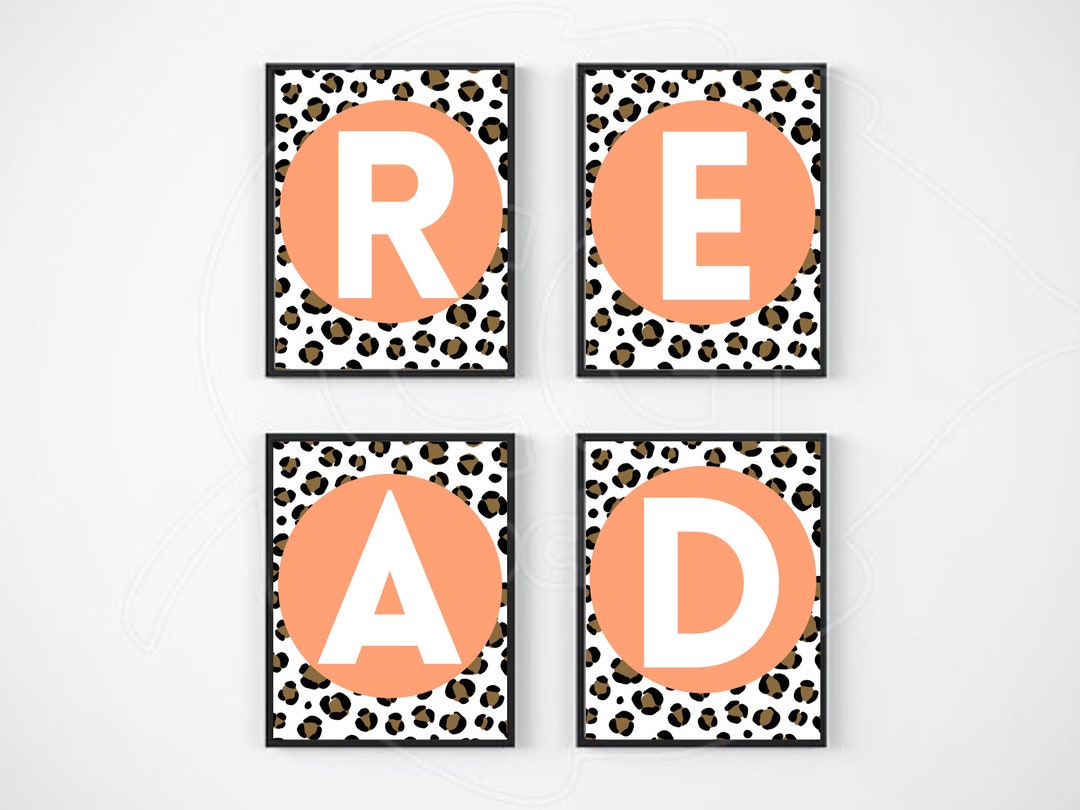 Set of 4, READ Wall Art, Classroom Decor, Playroom Decor, Leopard Print