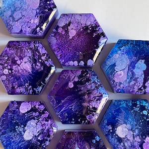 Set of 5 Petri Hexagon Galaxy Resin Magnets 1&quot; | Purple and Blue Magnets | Galaxy Themed Gift | Hexagon Magnets