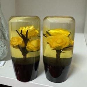 May include: Two clear glass gear shift knobs with yellow roses encased in resin. The bottom of each knob is black.