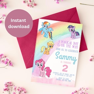 Verjaardagsuitnodiging pony en eenhoorn: bewerkbare uitnodiging voor meisje (digitale sjabloon)
