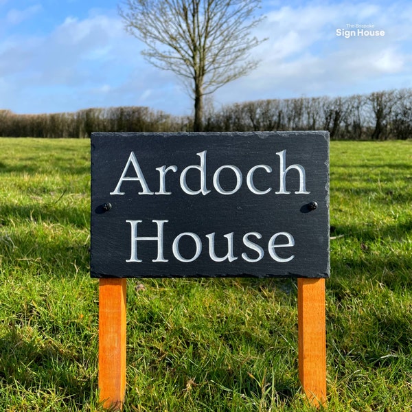 Rustic Slate House Sign with 2 Wooden Posts for Garden, Front Lawn and Driveway Entrances | Personalise with Custom Lettering and Sizes