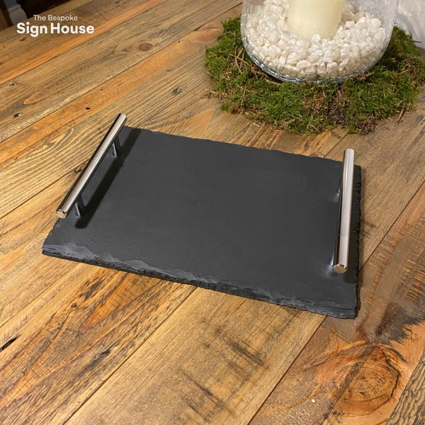 Personalised Rustic Slate Cheeseboard with 2 Metallic Chrome Handles | Rectangle Welsh Chipped Serving Platter Plate with Optional Engraving