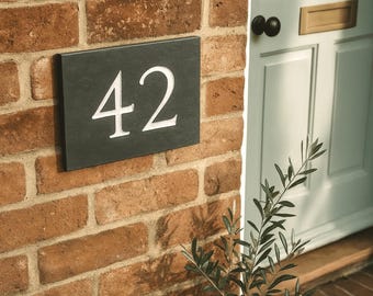 Engraved Slate House Number Sign – Outdoor Door Plaque | Personalised Size & Colour | Handmade in UK