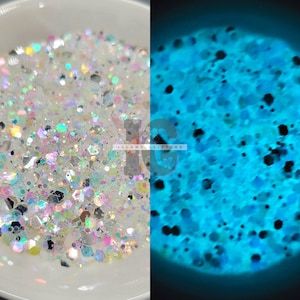 Könnte beinhalten: Nahaufnahme von schillerndem Glitzer in einer weißen Schüssel, mit einem separaten Bild, das den Glitzer blau leuchtend zeigt. Der Glitzer ist eine Mischung aus Formen und Größen, die verschiedene Farben reflektieren. Der leuchtende Glitzer hat schwarze Flecken.