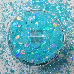 May include: A close-up of turquoise and iridescent glitter, with a variety of sizes and shapes. The glitter is in a clear container, and the background is a white surface.