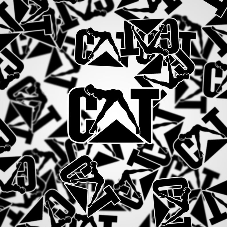 May include: Black and white stickers featuring the word "CAT" with a silhouette of a woman in high heels. The stickers are scattered across a white background, creating a repeating pattern. The woman is posed in a suggestive manner.