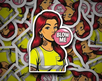 Blue collar chick blowing a bubble Hardhat Sticker- Construction Stickers, Laptop Stickers,  Blue Collar Gifts, Gifts for Blue Collar