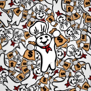 May include: A repeating pattern of a smiling, white chef character holding brown money bags with dollar signs. The chef wears a white hat and a red neckerchief. The background is white.