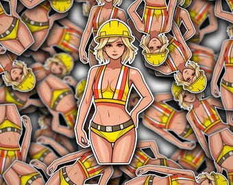 Yellow Sexy Blue Collar Woman Hardhat Sticker- Construction Sticker, Laptop Sticker, Laminated Sticker, Blue Collar Gift