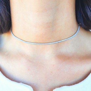 925 Silver Tennis Choker Necklace, 1.75 mm Tennis Choker Necklace, İnitial Necklace, Dainty Silver Necklace, Adjustable Zirconia Gems Tennis