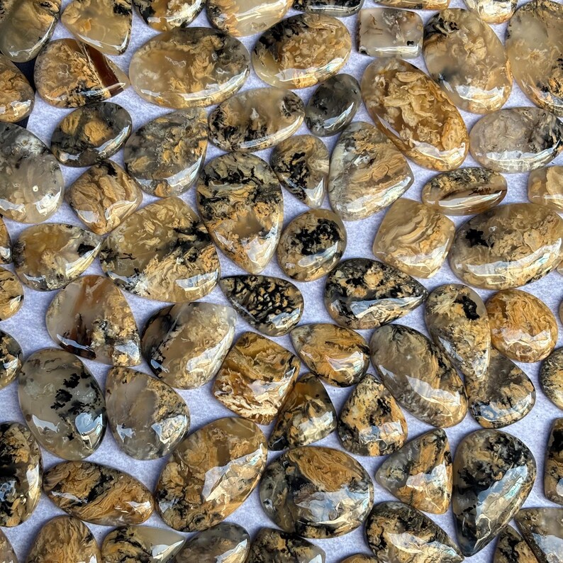 K&ouml;nnte beinhalten: Eine Sammlung polierter Achat-Cabochons mit verschiedenen braunen, schwarzen und wei&szlig;en Mustern. Die Cabochons sind alle tropfenf&ouml;rmig und haben eine glatte, polierte Oberfl&auml;che.