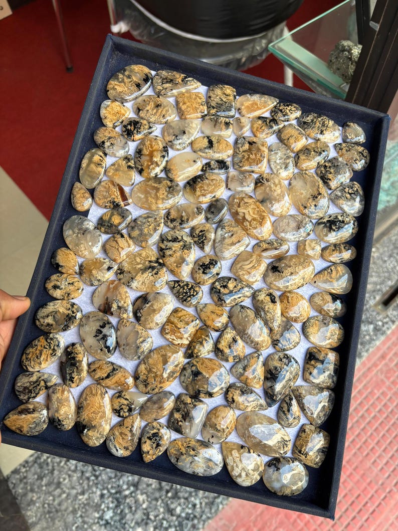 K&ouml;nnte beinhalten: Eine Schale mit &uuml;ber 60 polierten, nat&uuml;rlichen, schwarzen und goldenen dendritischen Achat-Cabochons. Die Cabochons haben verschiedene Formen und Gr&ouml;&szlig;en und eine glatte, polierte Oberfl&auml;che.