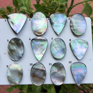 May include: Twelve polished abalone shell cabochons arranged in a grid, numbered 1 through 12. Each piece features a unique iridescent surface with swirling patterns of gray, blue, green, and pink, displaying a natural pearlescent luster.