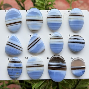 May include: Twelve polished blue lace agate cabochons arranged in a grid, numbered one through twelve. Each stone features horizontal bands of light blue, white, and dark brown. The shapes include ovals, teardrops, and circles with smooth surfaces.