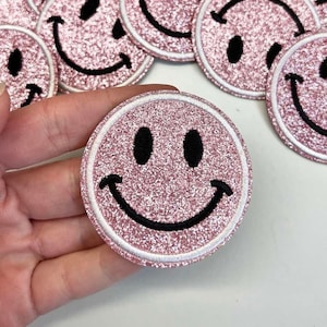 2.1&quot; Pink Glitter Smiley Face Iron On Patch DIY