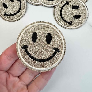 2.1&quot; Champagne Glitter Smiley Face Iron On Patch DIY