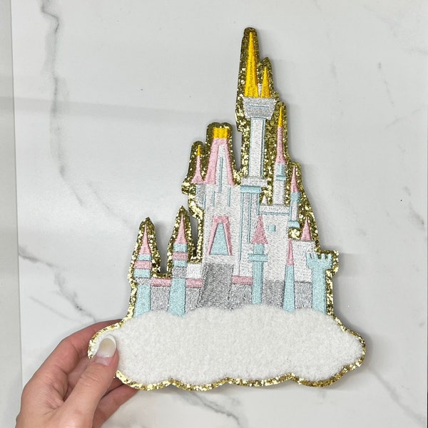 10" Pastel Castle Chenille Embroidery Glitter Patches Iron On Patch DIY