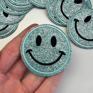2.1&quot; Blue Glitter Smiley Face Iron On Patch DIY