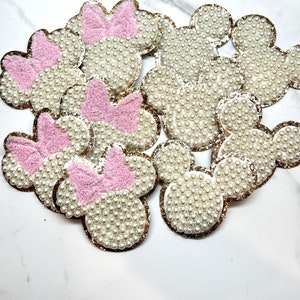 Pearl Minnie Mickey Silhouette with Bow 2.5&quot; 3.5&quot; Adhesive Sticker 3M Chenille Patch DIY