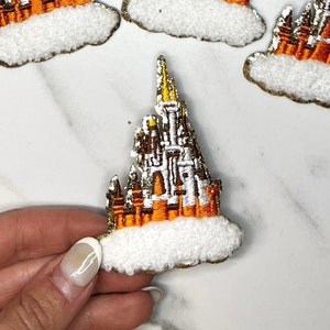 Patchs scintillants à broderie chenille Château Disney automne 3&quot; Patch auto-adhésif bricolage orange