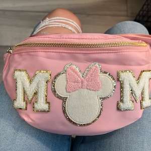 MOM Fanny Pack Waist Bag Crossbody Bag Adult Travel Bag Mama Disney Bag Chenille Patches Gift for Her Birthday Gift Sewn On