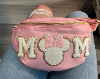 MOM Fanny Pack Waist Bag Crossbody Bag Adult Travel Bag Mama Disney Bag Chenille Patches Gift for Her Birthday Gift Sewn On