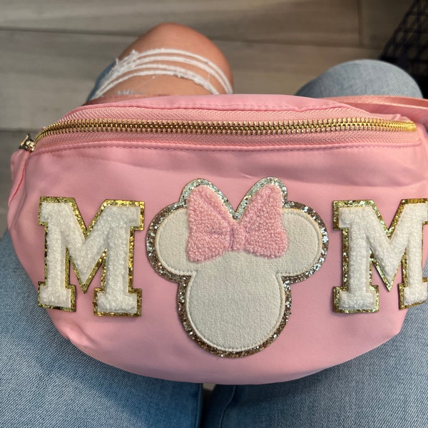 MOM Fanny Pack Waist Bag Crossbody Bag Adult Travel Bag Mama Disney Bag Chenille Patches Gift for Her Birthday Gift Sewn On