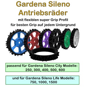 Könnte beinhalten: Ersatz-Antriebsräder für Gardena Sileno Robotermäher. Die Räder sind schwarz mit einem strukturierten Profil und in verschiedenen Farben erhältlich, darunter blau, rot, lila, grün und weiß. Die Räder sind kompatibel mit Gardena Sileno City Modellen 250, 300, 400, 500 und 600 sowie Gardena Sileno Life Modellen 750, 1000 und 1500.