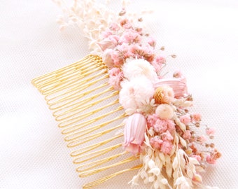 Peigne fleurs sechees pour mariée "Rose delicat" wedding hair comb dried flowers pink bridal